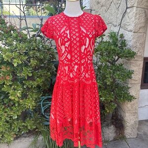 Parker Sheer Red Lace Fit-and-Flare Dress